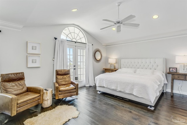 bedroom featuring french doors, dark wood-type flooring, ceiling fan, and lofted ceiling