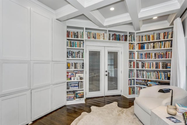 sitting room with french doors, coffered ceiling, crown molding, built in features, and beam ceiling