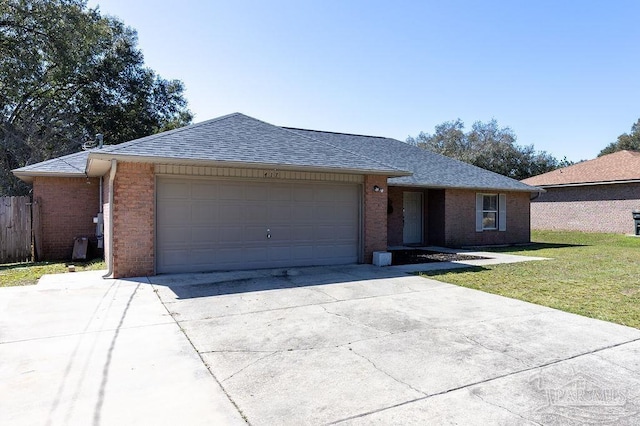 ranch-style home featuring driveway, brick siding, and roof with shingles