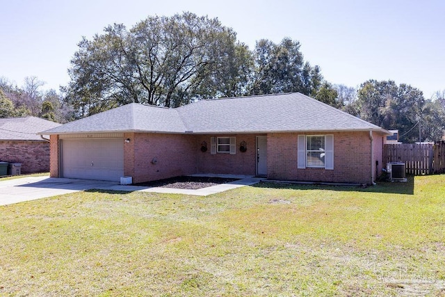 ranch-style house featuring brick siding, an attached garage, central AC, fence, and driveway