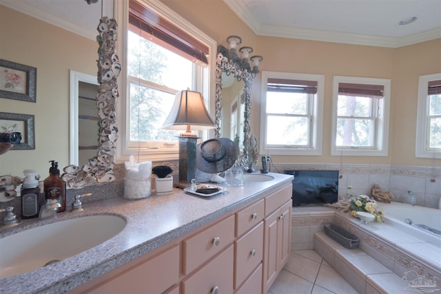 bathroom featuring vanity, tile patterned flooring, ornamental molding, and tiled bath