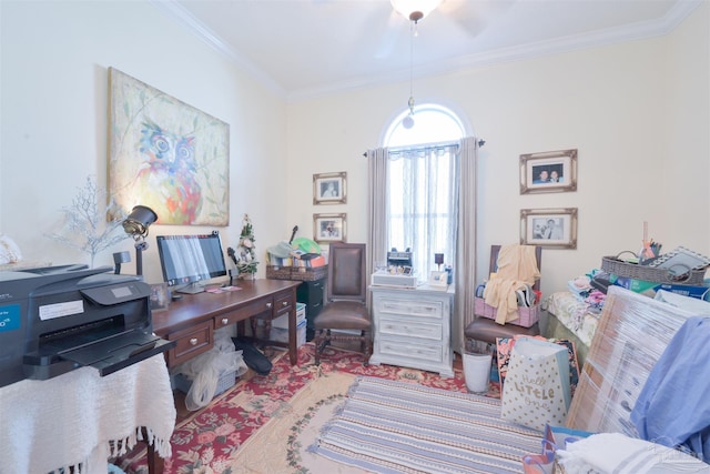 home office with light wood finished floors and crown molding