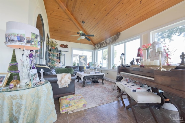 living room with vaulted ceiling, wooden ceiling, and ceiling fan