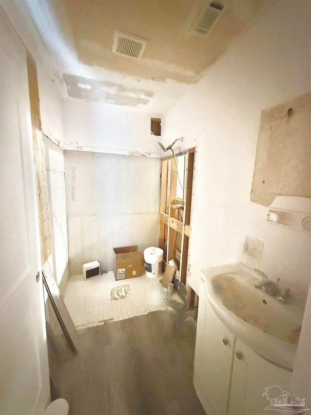 bathroom with wood-type flooring and vanity