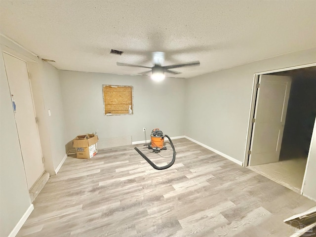 interior space featuring light hardwood / wood-style floors, ceiling fan, and a textured ceiling