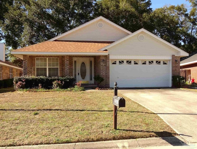 ranch-style home with a garage and a front lawn