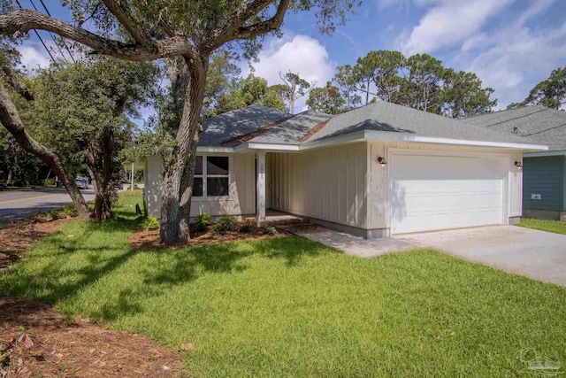 ranch-style house with a garage, concrete driveway, and a front lawn