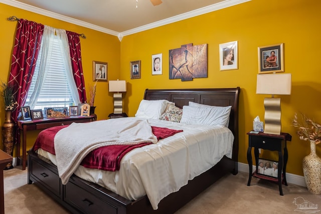 bedroom with baseboards, ornamental molding, a ceiling fan, and light colored carpet