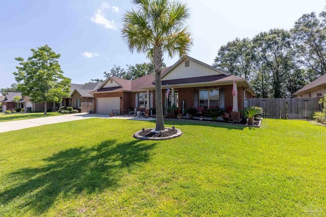 view of front of house featuring a garage, brick siding, fence, concrete driveway, and a front lawn