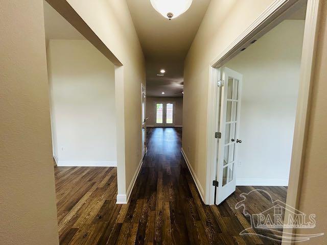 5643 Flume Dr, Pace, FL 32571 - corridor with wood finished floors, french doors, recessed lighting, and baseboards