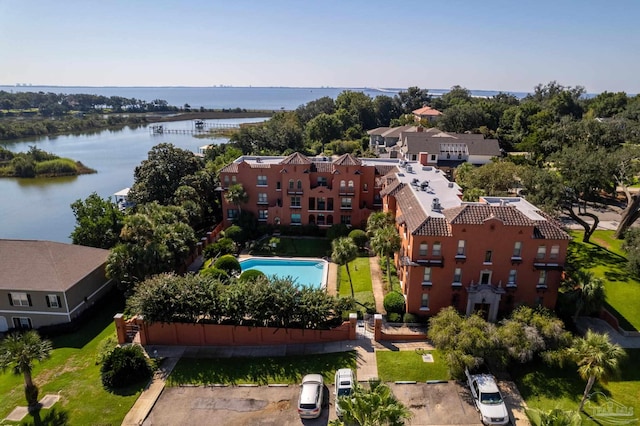 aerial view featuring a water view