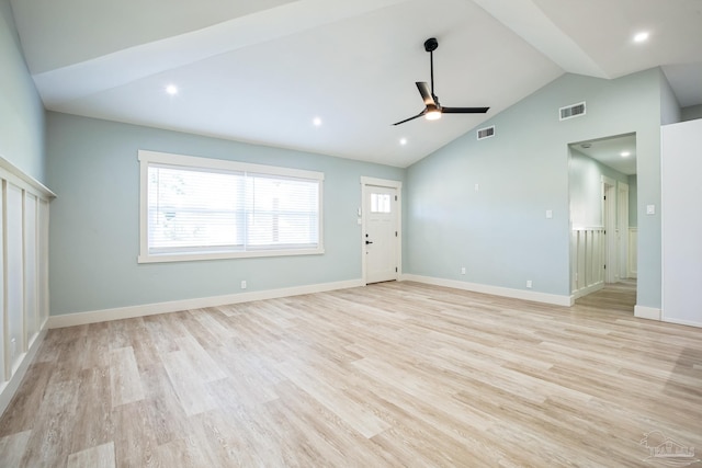 unfurnished living room with light hardwood / wood-style flooring, ceiling fan, and lofted ceiling