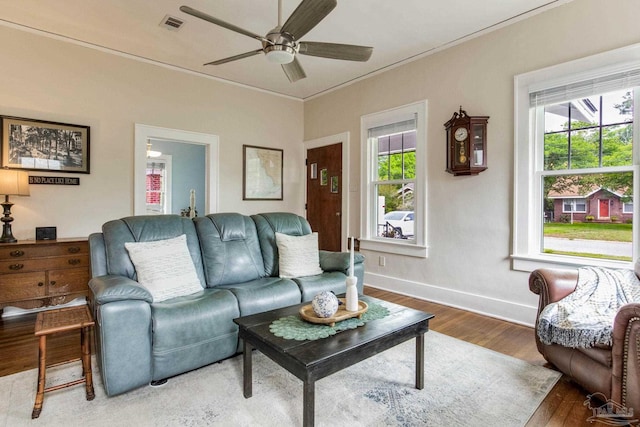 living area with crown molding, ceiling fan, wood finished floors, and plenty of natural light