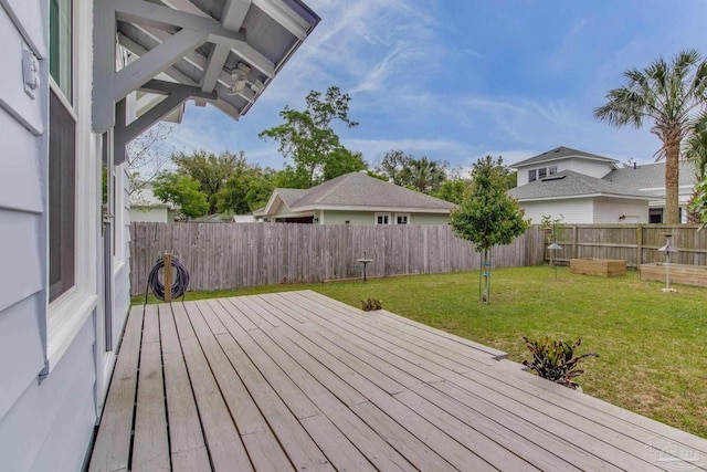 wooden terrace featuring a fenced backyard and a yard