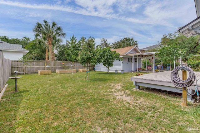 view of yard featuring a wooden deck and a fenced backyard
