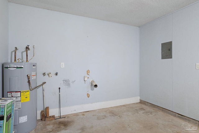 clothes washing area featuring hookup for a washing machine, water heater, a textured ceiling, laundry area, and electric panel