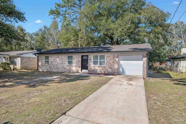 ranch-style house featuring a garage, brick siding, fence, driveway, and a front yard