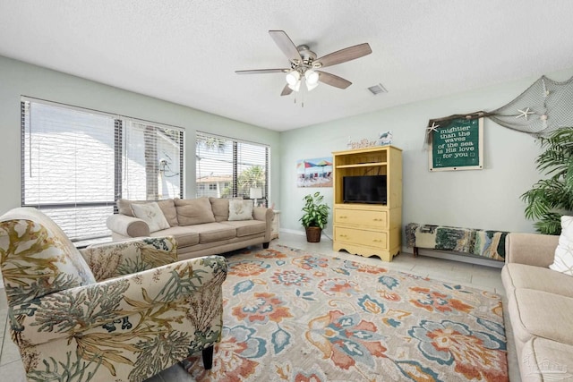 8425 Gulf Blvd Unit 213, Navarre Beach, FL 32566 - living area featuring a ceiling fan, a textured ceiling, and tile patterned floors