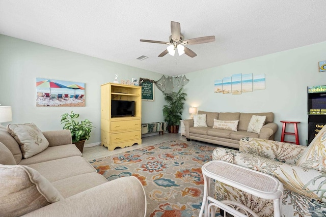 8425 Gulf Blvd Unit 213, Navarre Beach, FL 32566 - living area featuring a ceiling fan and a textured ceiling