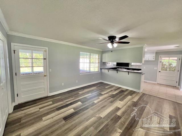 kitchen with kitchen peninsula, crown molding, white cabinets, and dark wood-type flooring