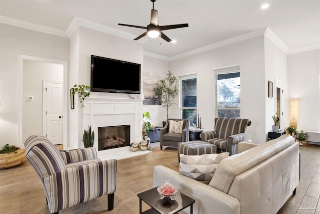 living room featuring crown molding, light hardwood / wood-style flooring, and ceiling fan