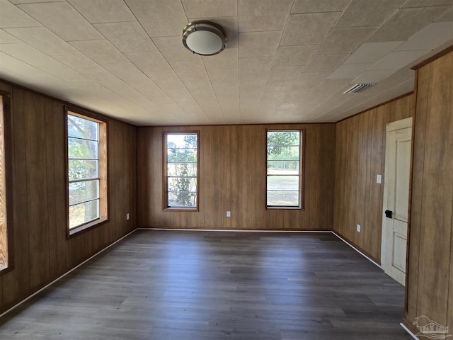 empty room featuring wood walls and dark hardwood / wood-style flooring