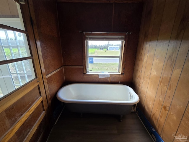 bathroom featuring wooden walls, a wealth of natural light, and a tub