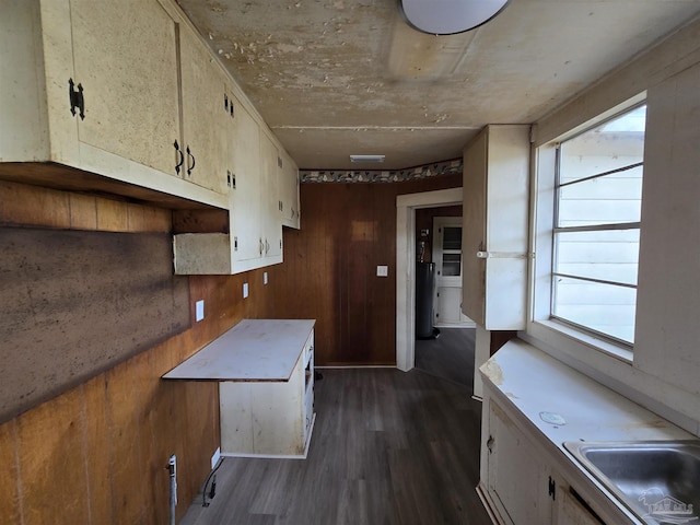 kitchen featuring cream cabinetry, sink, dark wood-type flooring, and wooden walls