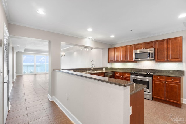 kitchen featuring kitchen peninsula, decorative backsplash, ornamental molding, stainless steel appliances, and sink