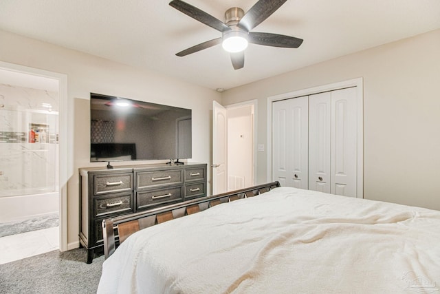 12881 Lillian Hwy, Pensacola, FL 32506 - bedroom featuring a closet, carpet floors, ensuite bath, and a ceiling fan