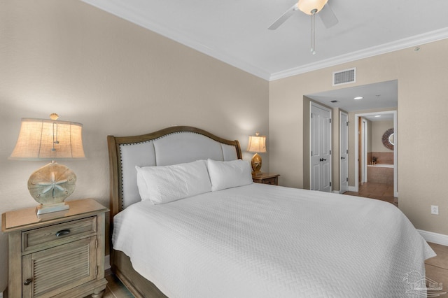 tiled bedroom with ornamental molding and ceiling fan