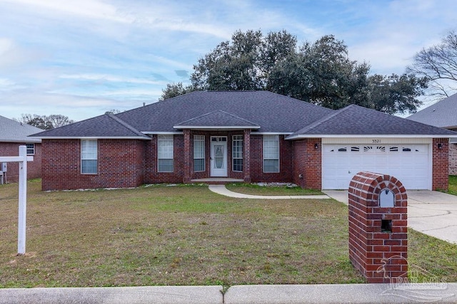 single story home featuring a front yard and a garage