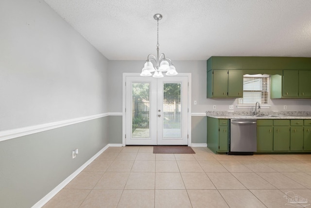 kitchen with green cabinets, dishwasher, light tile patterned flooring, and french doors