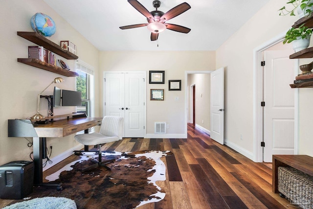 office featuring wood finished floors, baseboards, a ceiling fan, and visible vents