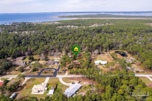 bird's eye view featuring a water view and a view of trees