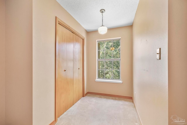 interior space with a textured ceiling and light colored carpet