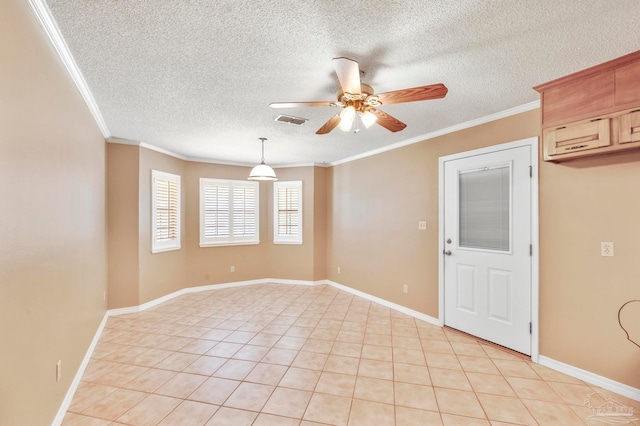 unfurnished room featuring crown molding, light tile patterned floors, ceiling fan, and a textured ceiling