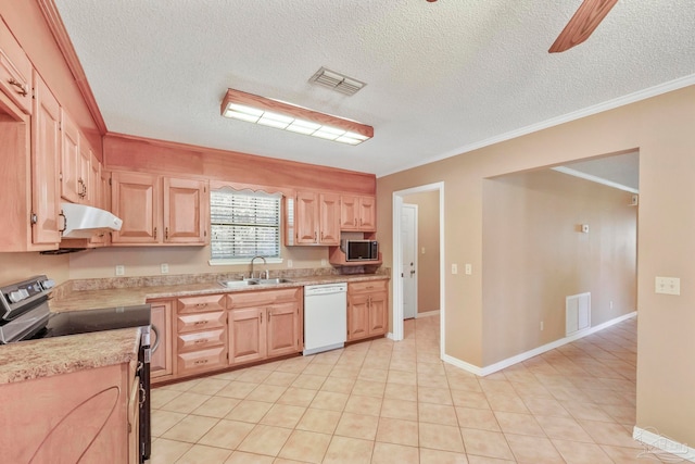 kitchen with dishwasher, ornamental molding, a textured ceiling, light brown cabinetry, and black range with electric cooktop