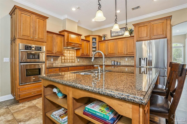 2882 Tunnel Rd, Pace, FL 32571 - kitchen featuring open shelves, appliances with stainless steel finishes, brown cabinets, a kitchen bar, and ornamental molding