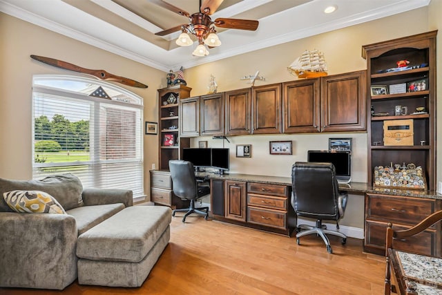 2882 Tunnel Rd, Pace, FL 32571 - office area featuring built in desk, a ceiling fan, light wood finished floors, ornamental molding, and a raised ceiling