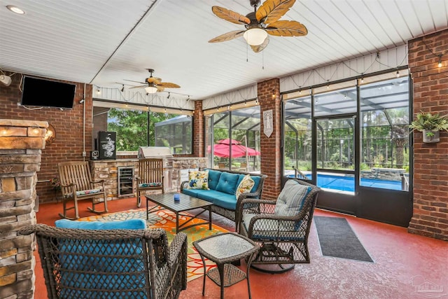 2882 Tunnel Rd, Pace, FL 32571 - sunroom / solarium with ceiling fan, an outdoor living space, and wine cooler