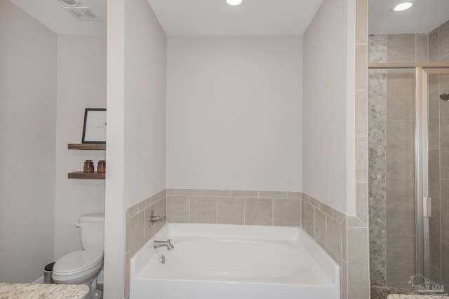 bathroom with a garden tub, recessed lighting, visible vents, toilet, and a stall shower