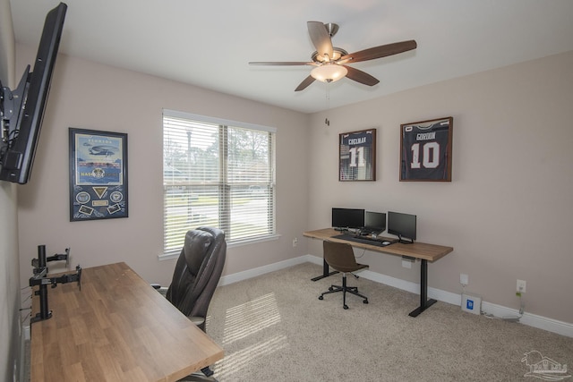 office featuring carpet floors, baseboards, and a ceiling fan