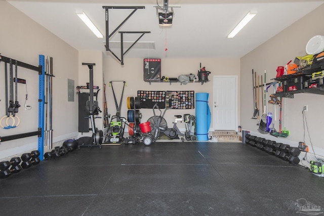 garage featuring electric panel and a garage door opener