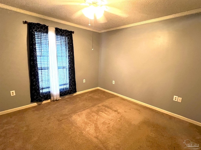 unfurnished room with a textured ceiling, crown molding, and carpet flooring