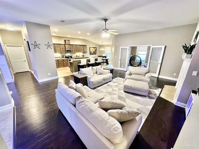 2924 Sundance Ln, Cantonment, FL 32533 - living room featuring lofted ceiling, dark wood-style flooring, a ceiling fan, and recessed lighting