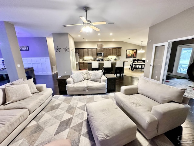 2924 Sundance Ln, Cantonment, FL 32533 - living area with vaulted ceiling, a ceiling fan, and recessed lighting