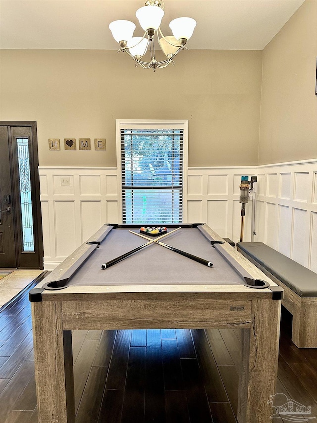 2924 Sundance Ln, Cantonment, FL 32533 - rec room with a decorative wall, a chandelier, billiards, a wainscoted wall, and dark wood-style floors