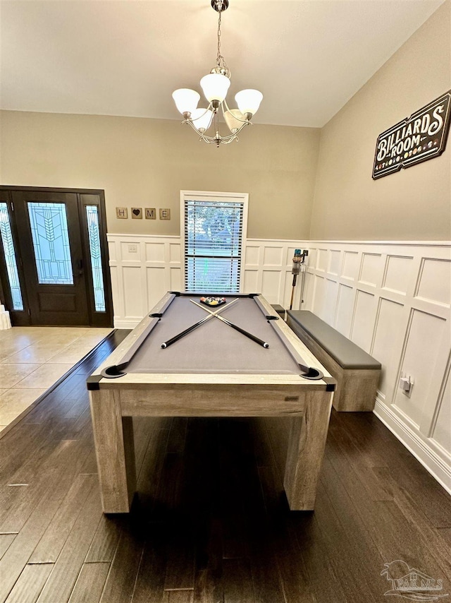 2924 Sundance Ln, Cantonment, FL 32533 - game room with a decorative wall, a chandelier, dark wood-style flooring, billiards, and wainscoting