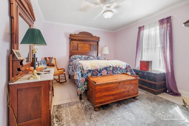 tiled bedroom featuring ceiling fan and ornamental molding